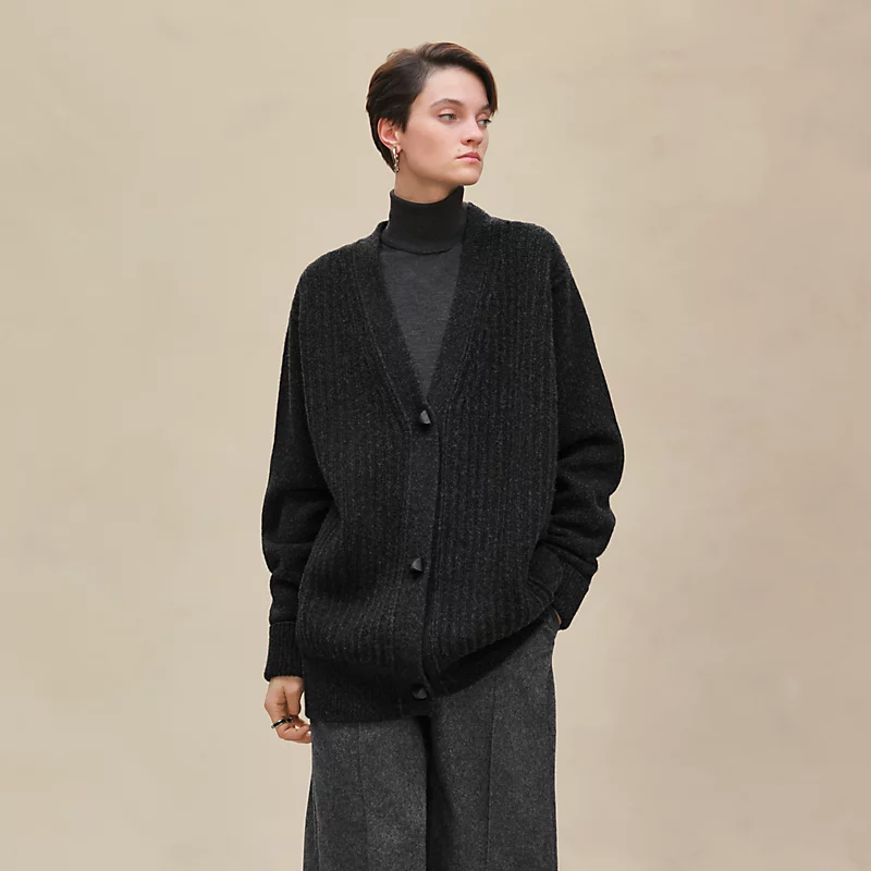 Thick long-sleeve cardigan gris volcanique