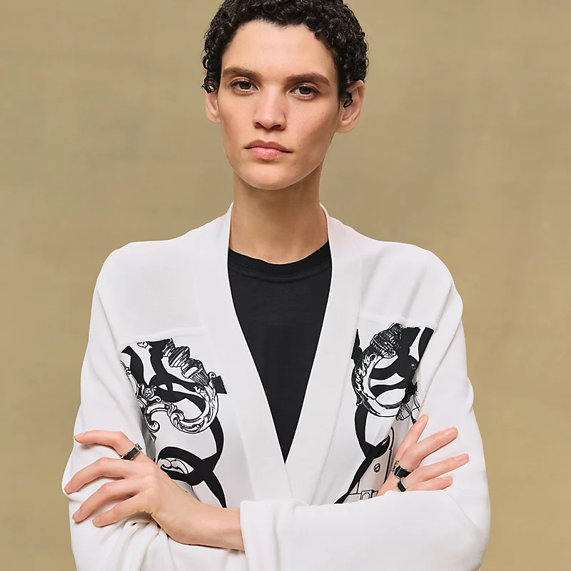 "Ferronnerie Remix" long-sleeve twillaine cardigan blanc nacre