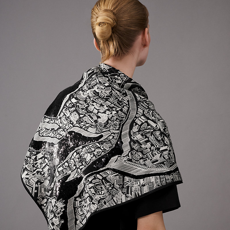 La Cite Cavaliere la Nuit embroidered scarf 90 noir/blanc