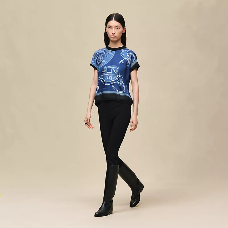 "Ex-Libris a Main Levee" short-sleeve twillaine sweater bleu lagune