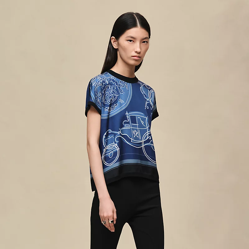 "Ex-Libris a Main Levee" short-sleeve twillaine sweater bleu lagune