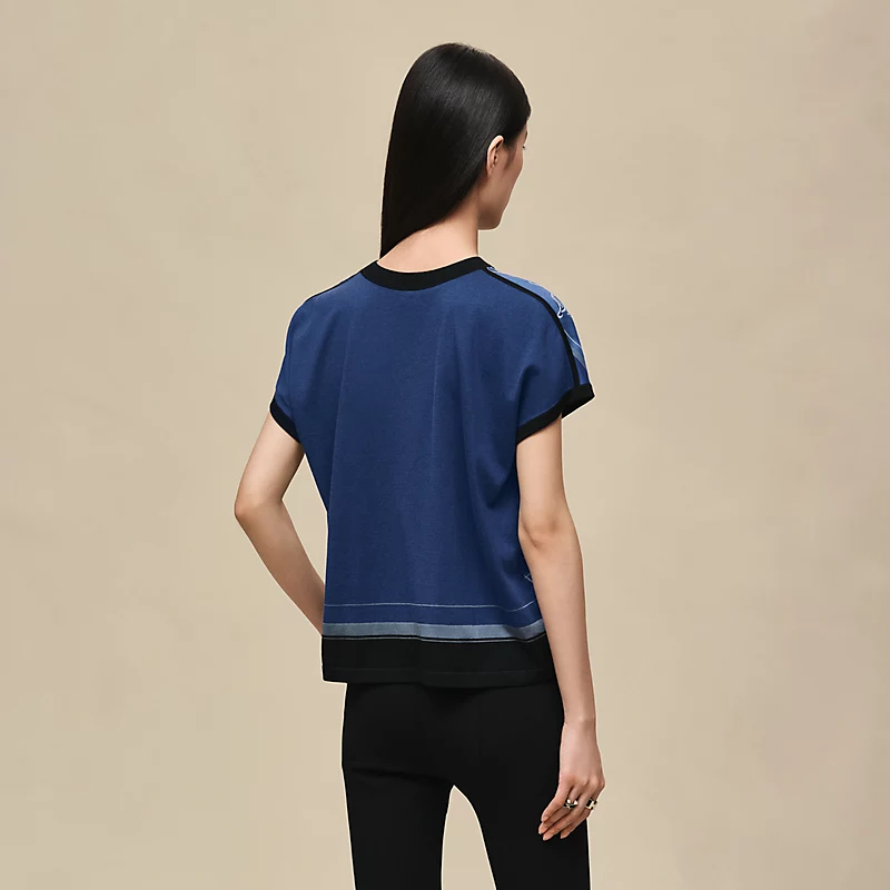 "Ex-Libris a Main Levee" short-sleeve twillaine sweater bleu lagune