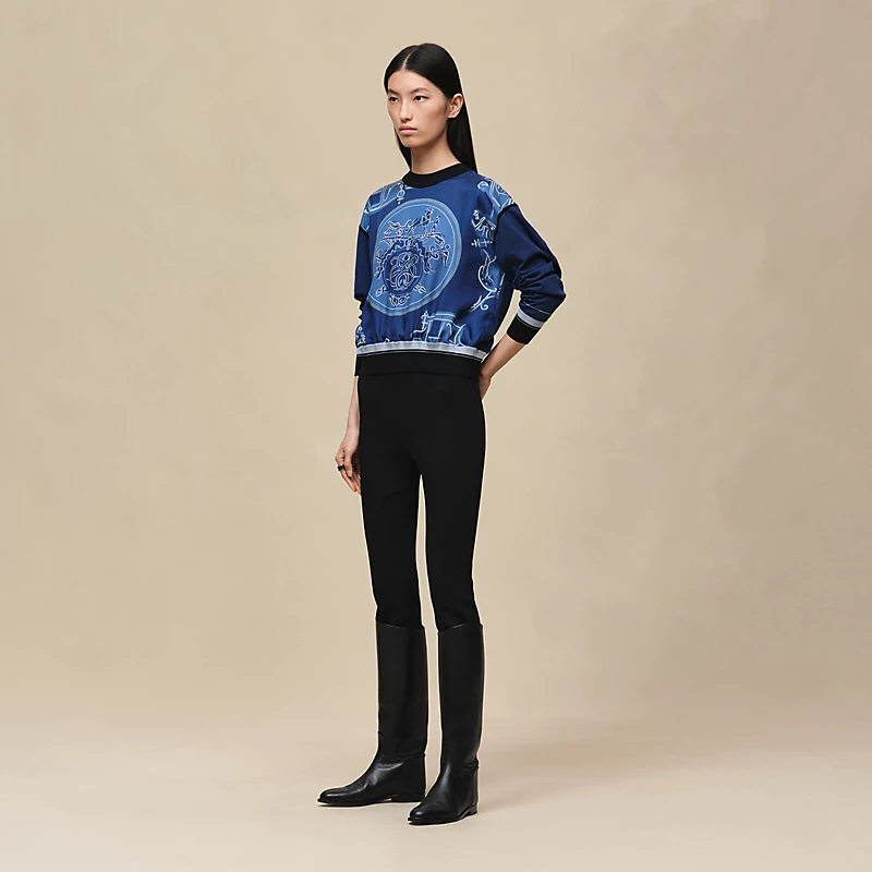 "Ex-Libris a Main Levee" long-sleeve twillaine sweater bleu lagune