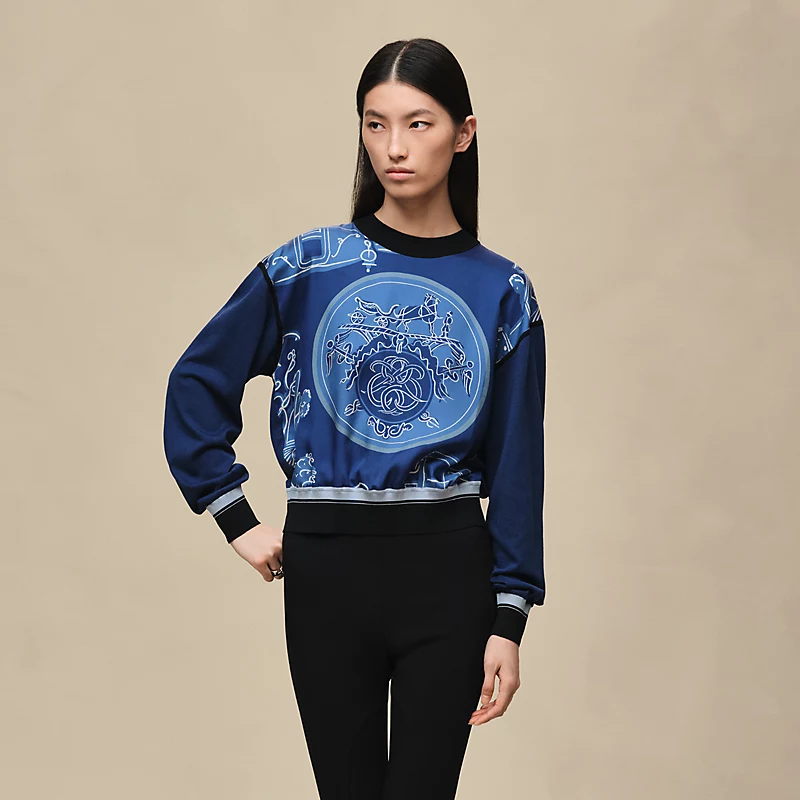 "Ex-Libris a Main Levee" long-sleeve twillaine sweater bleu lagune